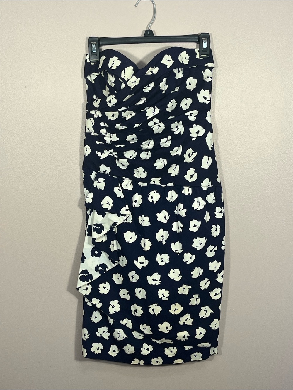 Vintage Strapless Navy and White Floral Ruched Cocktail Dress